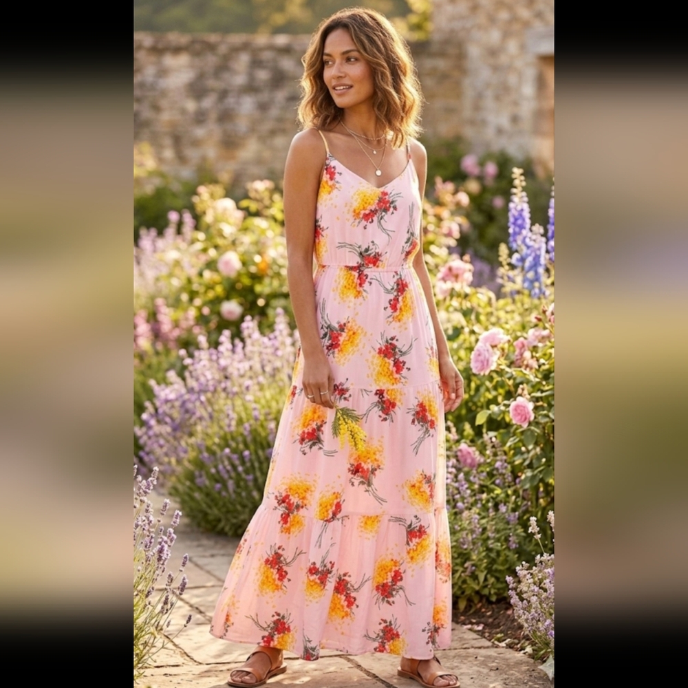 J. Crew Mercantile Pink Floral Strappy Tiered Maxi Dress Size 6 - Picture 1 of 9